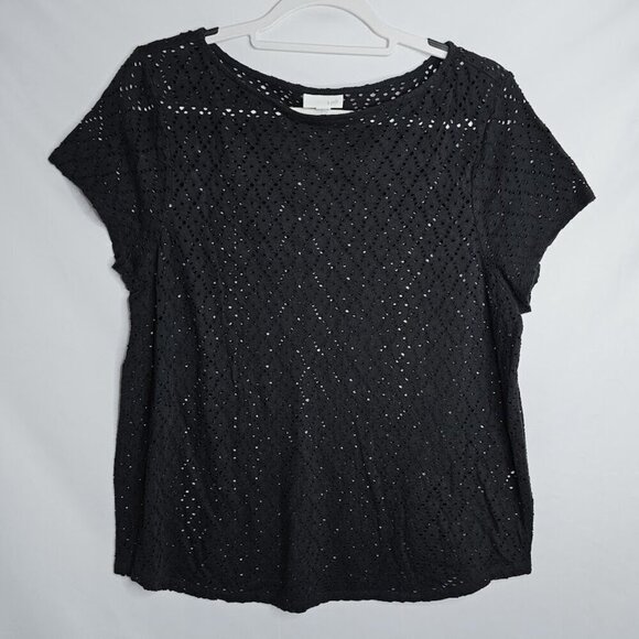 J. Jill Top Blouse Perforated Short Sleeve BLACK size L Y2K 80's Retro Edgy Dark - Picture 2 of 5